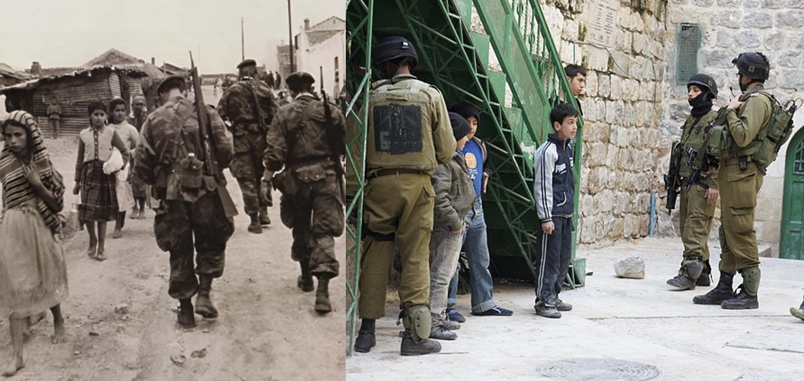 Left photo shows soldiers and barefoot girls walking past each other on a dirt road in a village. Right photo shows soldiers surrounding several boys.