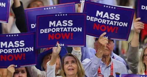 People holding up printed red, white, and blue signs that read "Mass Deportation Now!"