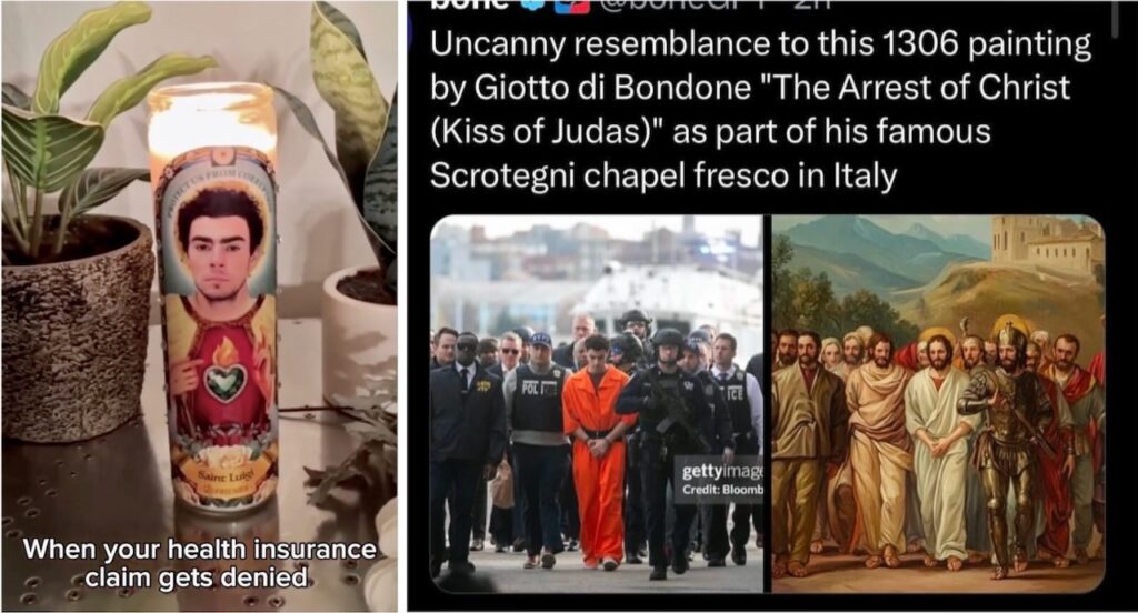 At left: votive candle with image of Luigi Mangione as a saint, with caption "When your health insurance claim gets denied." At right: the words "Uncanny resemblance to this 1306 painting by Giotto di Bondone 'The Arrest of Christ (Kiss of Judas)' as part of his famous Scrotegni chapel fresco in Italy" above photo of Luigi Mangione perp walk next to detail from Giotto painting.