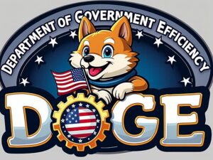 Color drawing of smiling dog leaning on the letters "DOGE," with American flags, and with words "Department of Government Efficiency" arching above.