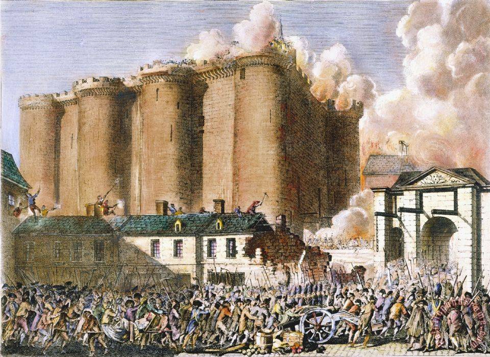 Painting of an armed mob attacking a tall fortress, with smoke billowing out of the top.