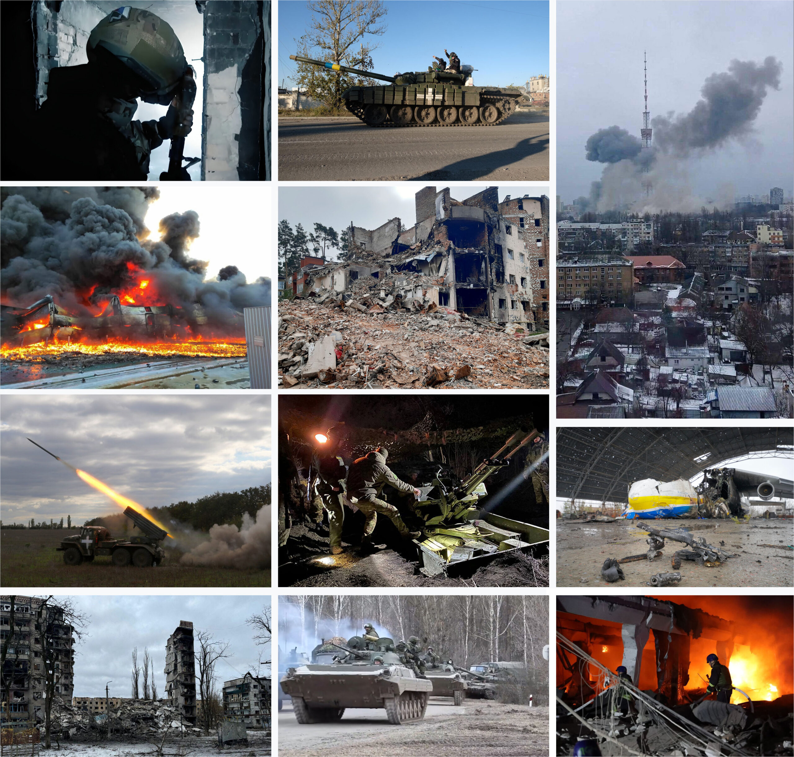 Montage of photos of destruction caused by Russia's 2022 invasion of Ukraine.