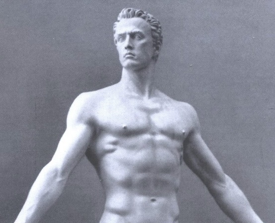 Sculpture of nude man, standing with arms spread, waist-up view